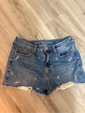 American Eagle Outfitters Blue Denim High-Waist Shorts with Floral Embroidery